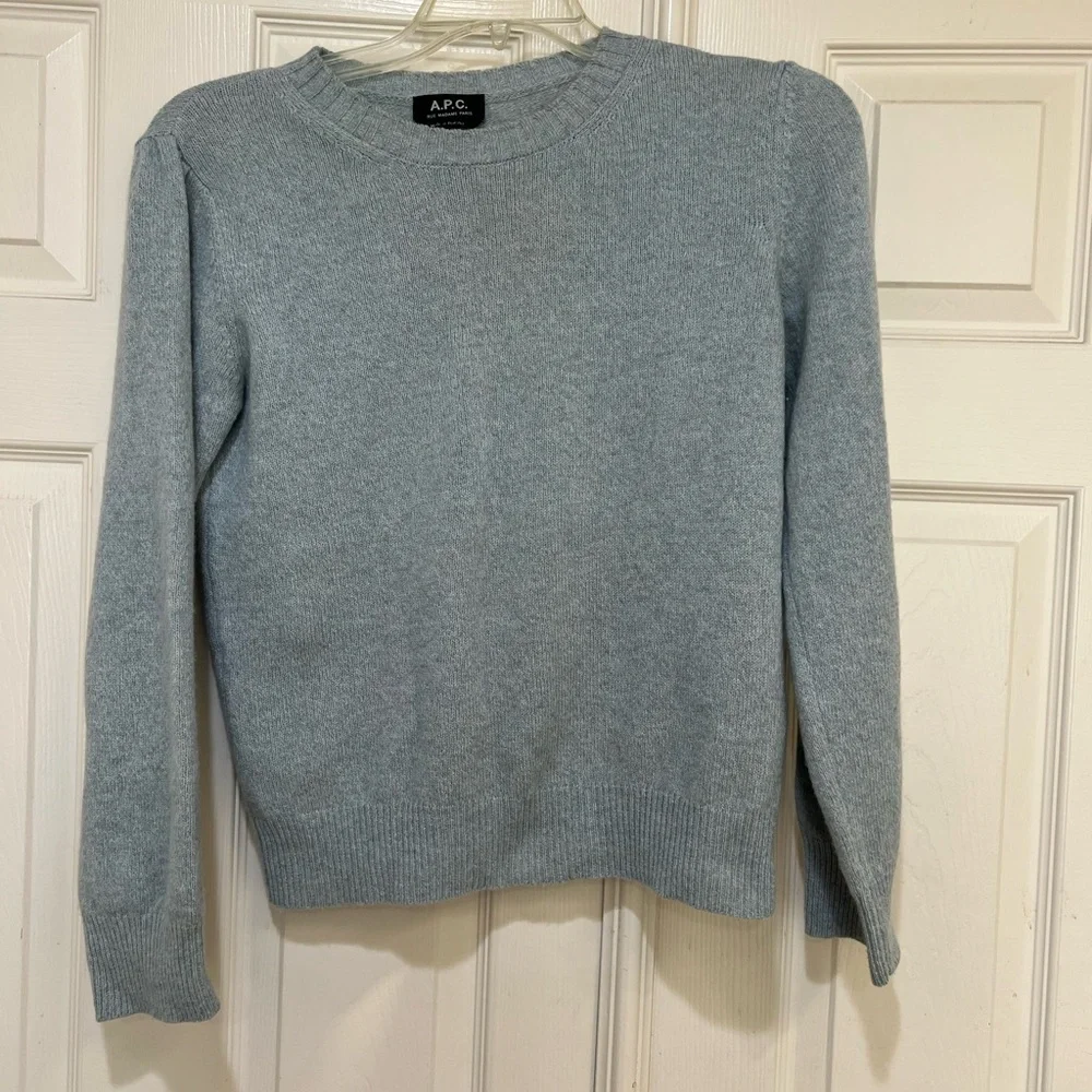 A.P.C Women’s Blue Wool Cotton Micro Puff Sleeve Crew Neck Sweater Medium